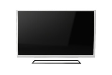 Flat Screen TV on Stand. On a White or Clear Surface PNG Transparent Background.