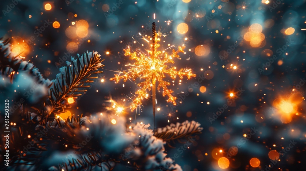 Poster an elegant sparkle from fireworks on a new year's bokeh background, a festive holiday mood with spar