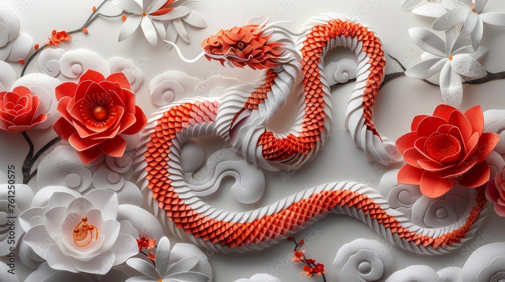 Poster Red paper cut art and craft style on white background to celebrate Chinese new year 2025,