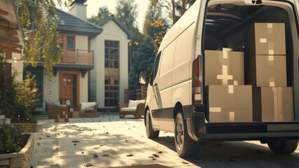 Delivery van parked outside a suburban home, signaling a busy day of arrivals and departures.