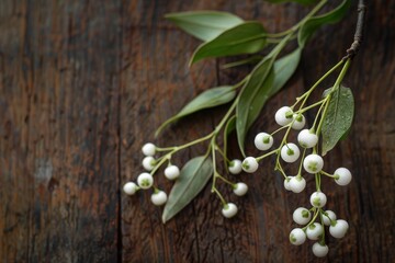 Obraz na płótnie Canvas A close-up of a delicate mistletoe branch with tiny white berries, set against a smooth, dark-stained oak background.