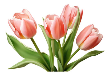 Group of Pink Flowers With Green Leaves. On a White or Clear Surface PNG Transparent Background.