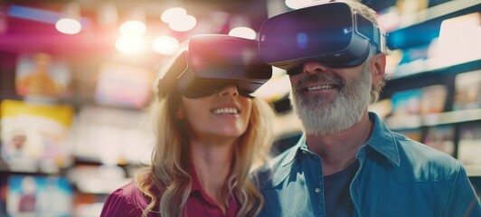 Mature couple experiencing virtual reality in a tech store. Smiling man and woman wearing VR headsets, illuminated by vibrant store lighting.