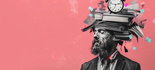 Time management and information overload. A collage-style portrait of a man with a pile of books and a clock atop his head, symbolizing stress and deadlines - obrazy, fototapety, plakaty