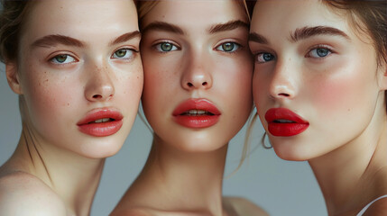 Trio of models showcasing diverse beauty with a focus on natural makeup and freckles