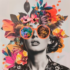 Artistic expression. A grayscale portrait of a woman with an explosion of colorful flowers for hair and large, orange sunglasses filled with reflected flowers, against a light, splattered background.