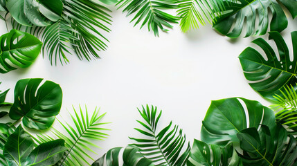 Vibrant Tropical Leaves Border on White Background with Space for Text