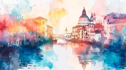Lichtdoorlatende rolgordijnen Aquarelschilderij wolkenkrabber  A captivating watercolor painting showcasing a bustling cityscape with tall buildings, busy streets, and colorful traffic. The city skyline is painted with delicate strokes. Banner. Copy space