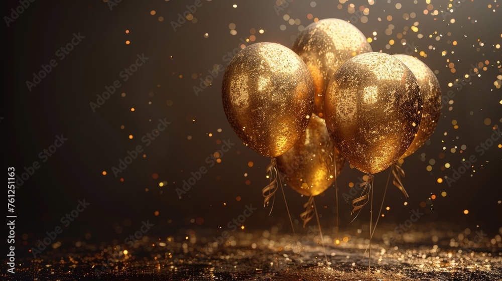 Poster an object rendering of a realistic 3d gold balloon with a ribbon over a golden number 2024. create a
