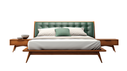 A luxurious bed featuring a vibrant green upholstered headboard and footboard