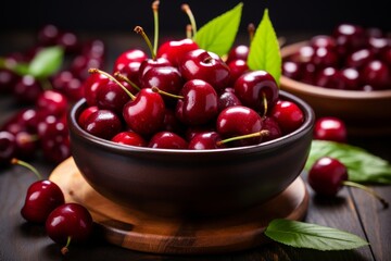 Organic ripe red cherries in a beautiful bowl ready for snacking - Powered by Adobe