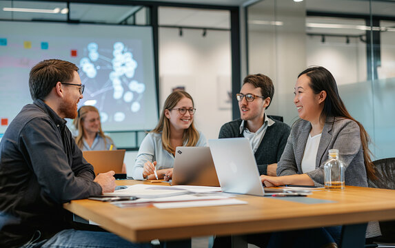 a group of smiling work colleagues in a professional workspace, meeting for brainstorming, project management.