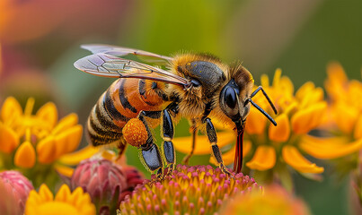 A bee alights gracefully on vibrant Helenium flowers, collecting nectar amidst a sea of color - obrazy, fototapety, plakaty