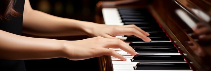 Fototapeta premium Close-up shot of female pianists hands playing piano, elegant and detailed with space for text
