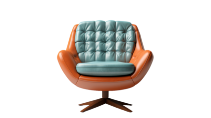 A stylish blue and orange chair resting on a rustic wooden base