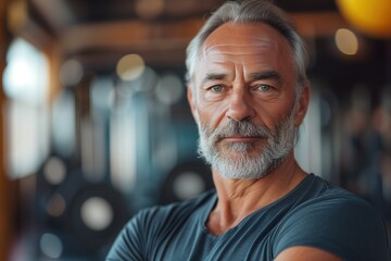 Fototapeta premium Sports trainer, senior fitness instructor. Portrait of a sporty middle-aged man standing in the gym
