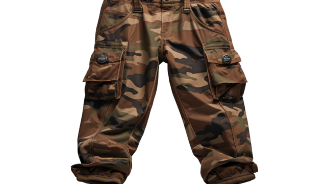 Camouflage cargo pants rest against a pure white background, blending in and standing out simultaneously
