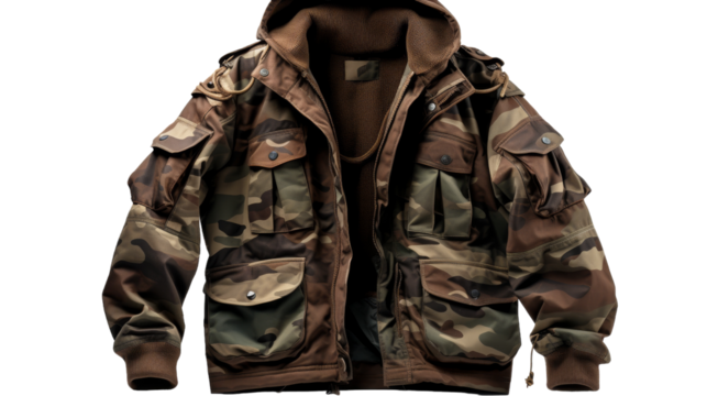 A stylish camouflage jacket with a hoodie, blending seamlessly with nature