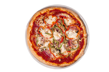 Pizza with quattro staggioni, mozzarella and tomato sauce. Pizza wooden table