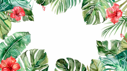 Colorful watercolor painting depicting vibrant tropical leaves, exotic flowers in a lush, natural setting. Every detail of flora is captured with delicate brush strokes, vivid hues. Banner. Copy space - obrazy, fototapety, plakaty
