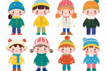 Fototapeta premium Variety of cartoon vector children in colorful outfits. A diverse group of cartoon children standing in row wearing various colorful outfits representing different styles and personalities 
