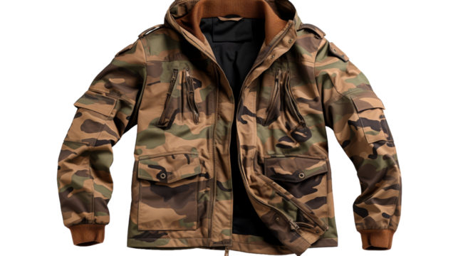 A camo jacket with a hood and zippers, ready for adventure