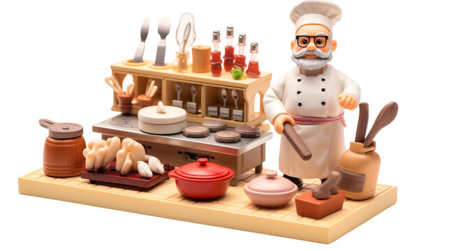 A toy chef is standing confidently in front of a kitchen counter, ready to create gourmet dishes