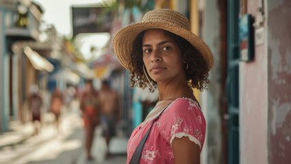 Woman in straw hat against vibrant street scene.