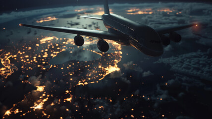 Airliner soaring over illuminated cityscape at night. - obrazy, fototapety, plakaty