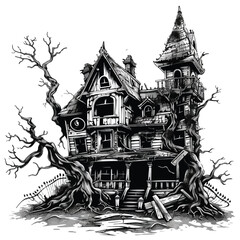 Haunted House Ink Art Clipart 
