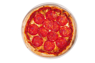 pepperoni pizza on wooden background. Top view of pepperoni pizza.