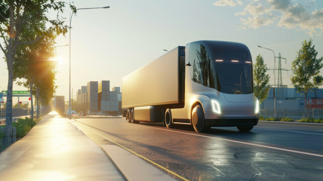 Futuristic autonomous truck driving at sunset on an urban highway.