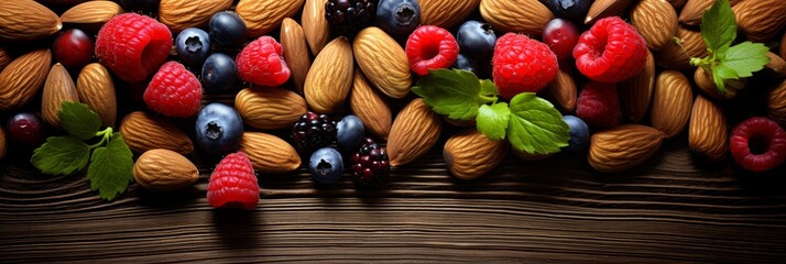 Banner with ripe berries and nuts on a wooden background. Copy space. Top view, flat lay