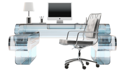 A modern computer desk with a sleek chair and a large monitor