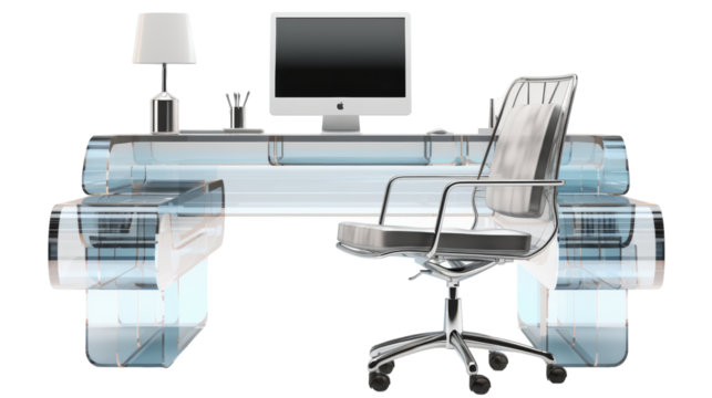A modern computer desk with a sleek chair and a large monitor - Powered by Adobe