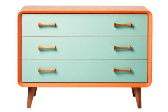 Blue and Orange Dresser With Three Drawers. On a White or Clear Surface PNG Transparent Background.