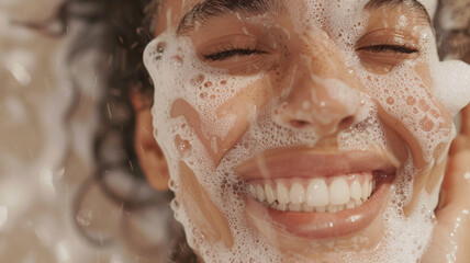 Beaming smile through a playful mask of soap suds during a refreshing bath. - obrazy, fototapety, plakaty