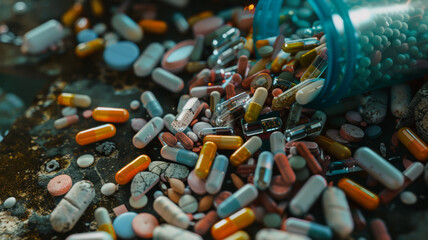 An array of colorful pills spilled from a bottle, symbolizing medical abundance.