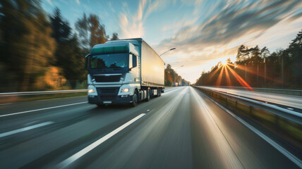Obraz premium Speeding truck on highway at sunset, racing towards the horizon.