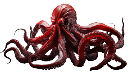 A vibrant red octopus glides gracefully against a stark white backdrop