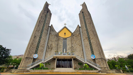 Facade View Of Phu Cam Cathedral In Hue, Vietnam. Phu Cam Cathedral Today Designed By Architect Ngo...