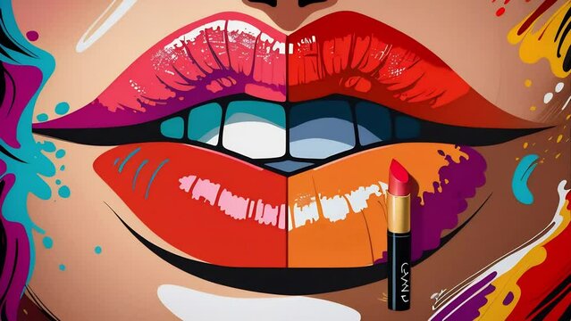 Close-up of bright painted lips with white teeth in pop art style with lipstick. Concept: Art, cosmetics advertising.