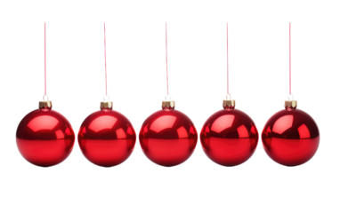 Row of Red Christmas Balls Hanging From Strings. On a White or Clear Surface PNG Transparent Background.