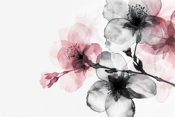 Soft shades of pink spread across the petals, capturing the serenity and tranquility of nature on a crisp white background, black and white watercolor nice flowers, on white background, copy-space