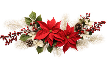 Christmas Decoration With Poinsettias and Pine Cones. On a White or Clear Surface PNG Transparent Background.