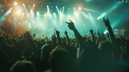 A vibrant concert scene with raised hands under a burst of stage lights.