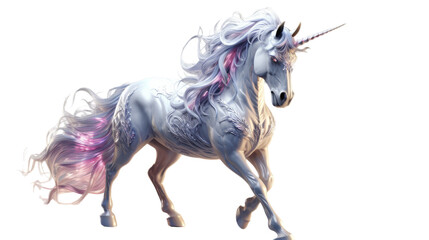 A majestic white unicorn with a flowing pink mane and tail stands gracefully in a mystical forest
