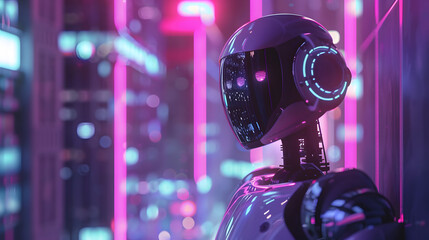 Head futuristic robot exploring a neon-lit cityscape