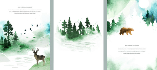 Set watercolor vector templates with landscape, bear, deer, birds, forest, river and place for text. Nature illustration for poster, book, banner, card, flyer