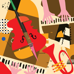 Abstract Music Background, vector illustration. Collage with musical instruments. - 761254106
